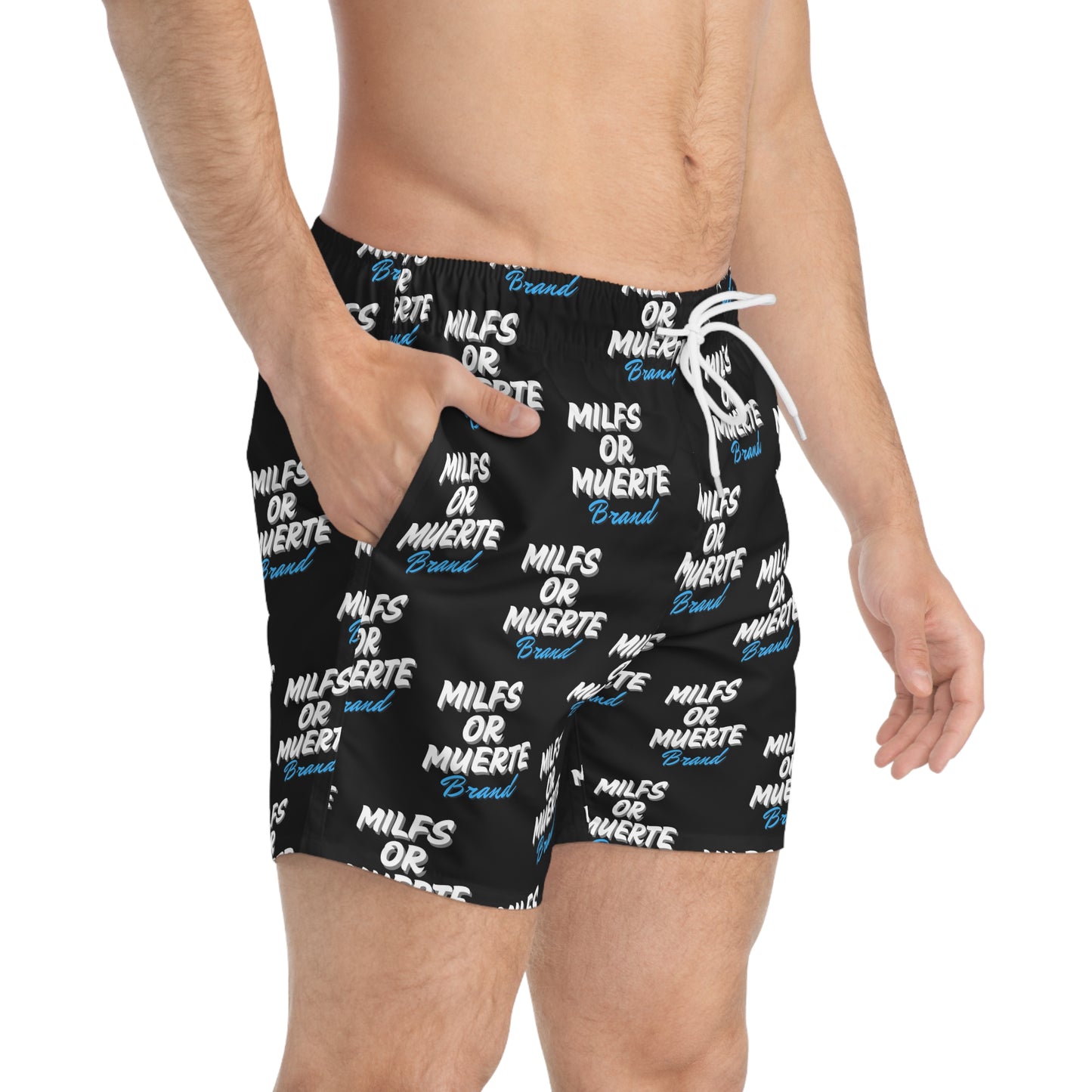 Black Swim Trunks with 'MILFS OR MUERTE' Design - Perfect for Summer Adventures!