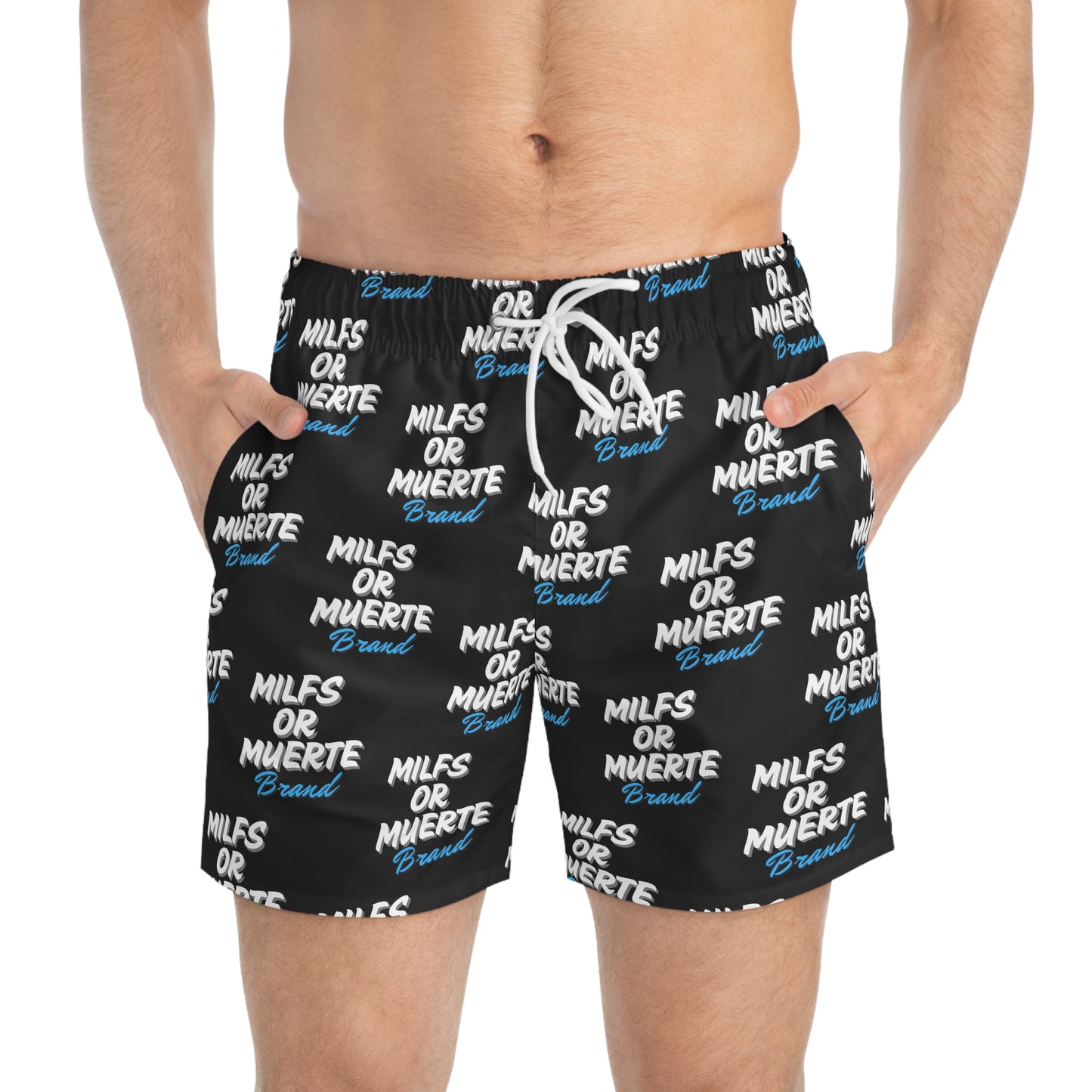 Black Swim Trunks with 'MILFS OR MUERTE' Design - Perfect for Summer Adventures!